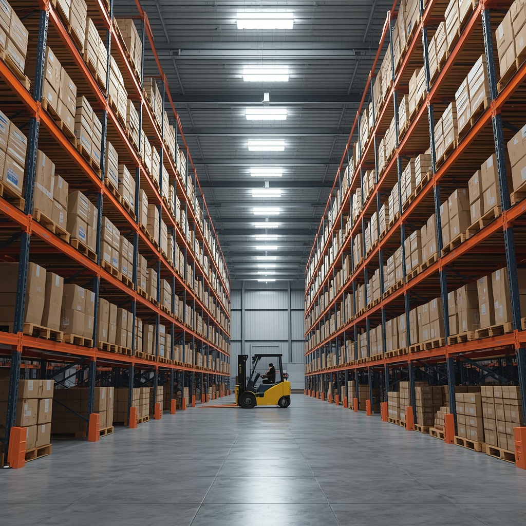 Aerial view of warehouse with trucks and logistics operations